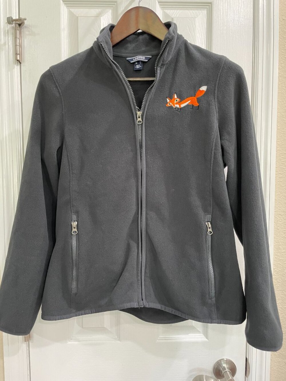 Lands End Fleece Jacket Womens Medium Gray Fox Embroidered Full Zip Cottagecore